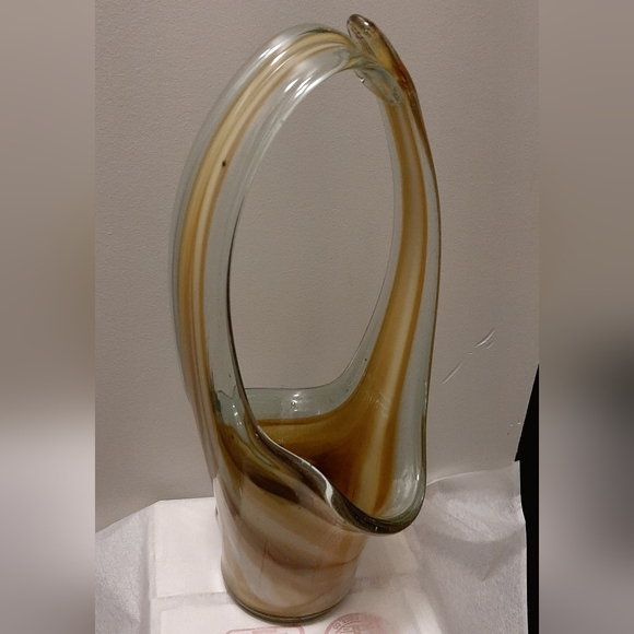 Vintage 15" Stretch Art Glass Basket Vase Browns Swirls Hand Blown Glass - Picture 2 of 9